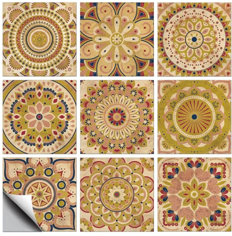 CHGCRAFT 18 Pcs 9 Style Tile Stickers Retro Yellow Patterns Peel and Stick Wall Tile Stickers Mandala Patterns Waterproof Self Adhesive Stick on Decals for Kitchen Bathroom Wall Art Decor, 6×6 Inch