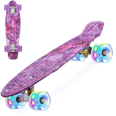 ERNAN Skateboard Komplette 22 Zoll Mini Cruiser Skateboard für Kinder Mit LED Leuchtrollen Skate Board Für Erwachsene Kinder Jungen Anfänger (Deep Purple)