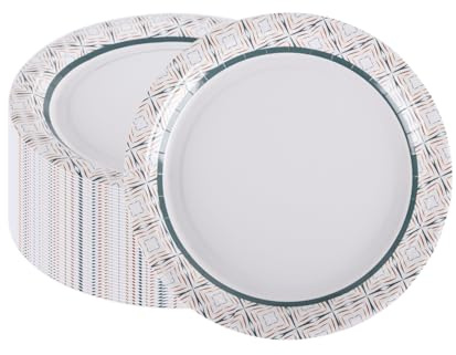 CEILIWEN Confezione da 50 piatti di carta bianchi da 23 cm, resistenti con bordi geometrici, resistenti al taglio e all'immersione, antigraffio, per uso quotidiano, catering, feste, eventi