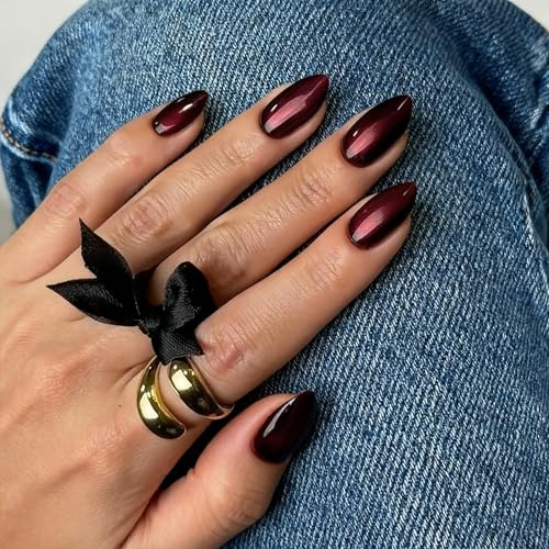 KQueenest Chrome Press On Nails Kurz, Metallic Schwarz Nägel zum Aufkleben Mandel, Sparkle Fake Nails, Recyceltes Ombré Rote Acryl Nägel Frauen, Langanhaltend Glitzer Effekt, 30 Stück