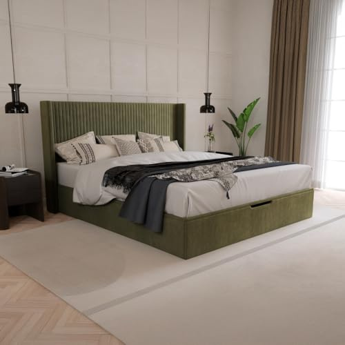 happybeds Hartley Fabric Winged Ottoman Storage Bed (Olive Green Fabric, 4FT6 Double - Frame Only)