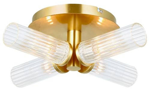 National Lighting Taylor 3W 4lt Semi Flush Ceiling Light - Brushed Gold Bathroom Light with Clear Ribbed Glass Shades - IP44 Rated G9 LED Compatible Lighting for Modern Bathroom Interiors