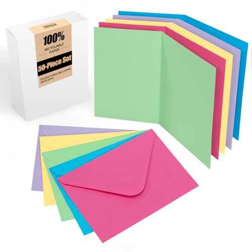 Juego de 50 tarjetas plegables en blanco con sobre: Tarjetas plegables para diseñar, escribir o imprimir tarjeta de felicitación, postales y tarjeta hechas a mano - DIN A6/C6, colorido