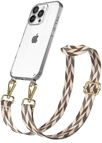 EAZY CASE Handykette - Verstellbares Taschenband kompatibel mit iPhone 16 Pro, Schulterriemen, Handykordel mit Silikon Hülle, Umhängetasche, Braun/Taupe Mix Gold