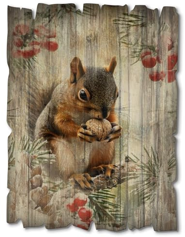 ARTLAND Wanddeko Bild aus Holz Holzbild vintage Deko 30x40 cm Natur Winter Herbst Deko Waldtiere Eichhörnchen U5MN