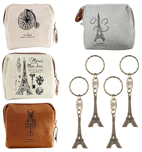 4 Portefeuilles en Toile Rétro, 4 Porte-Clés De La Tour Eiffel Parisienne, Mini Sacs À Monnaie Portables, Souvenirs D'Attractions De Voyage.