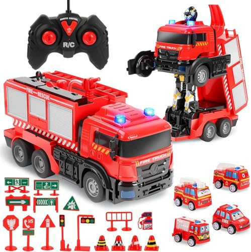 JONRRYIN Camion de pompiers télécommandé, 1:14 Grand jouet de pompiers avec lumière et son, jet d'eau, transformateur 2 en 1, voiture télécommandée jouet, voiture jouet enfants cadeaux de Noël