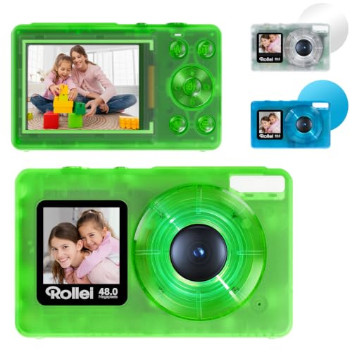Rollei Compactline Pocket Grün Transparent Digitalkamera 48MP 4K | Fotoapparat mit 18X Digitalem Zoom Kompaktes Kamera mit Dual Screen für Vlog Selfie Fotokamera für Kinder Anfänger