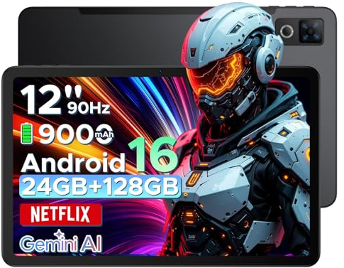 DOOGEETab U12 Android 16 Tablet, 12 Inch Tablet, FHD+(2000x1200) 90Hz Large Screen Gaming Tablets, 24GB+128GB (2TB), Gemini AI Octa-Core, 9000mAh/18W, Camera 13+8MP, Widevine L1, 2.4G/5G WiFi, Face ID