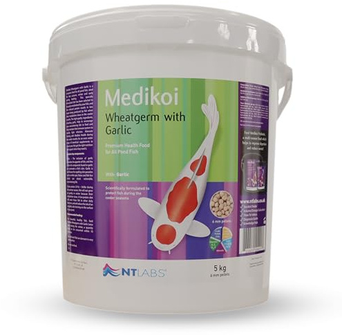 NT Labs Medikoi Wheatgerm Garlic Adult 6mm Pond Pellets (5kg) | Low protein koi food utilises highly digestible wheatgerm and garlic extracts for cold water winter feeding.