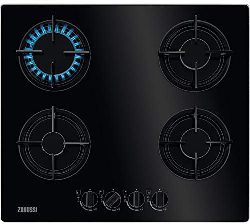 Zanussi ZGO65414BA Gaskochfeld, 4 Flammen, schwenkbare Frontgriffe, elektronisch, emaillierte Grills, Sicherheits-Thermoelement, Schwarz, 60 cm