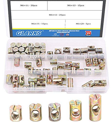 glarks 75pcs Metrisches M6 Barrel Muttern Kreuz Dübel Nutmuttern Muttern für Krippe Betten und Stühlen – 5 Größe von 11 mm/12 mm/13 mm/15 mm/20 mm