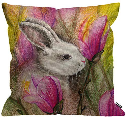 HGOD DESIGNS Kissenbezug Kaninchen Rabbit Frühling Aquarell Kaninchen In Magnolie Blumen Kissenhülle Haus Dekorativ Für Jungen/Mädchen Wohnzimmer Schlafzimmer Sofa Stuhl Kissenbezüge 45X45cm