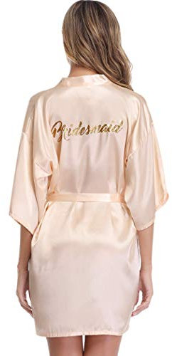 Vlazom Morgenmantel für Hochzeit Satin Kimono Badmantel für Braut&Brautjungfern V-Ausschnitt Damen Robe mit Gürtel(XXL,Champagner für Brautjungfer)