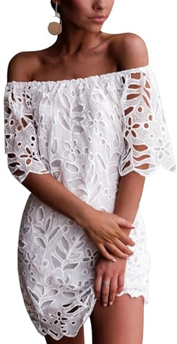 PRETTYGARDEN Damen Sommer Schulterfrei Kleider Floral Spitze Flare Kurzarm Frühling Vintage Elegant Minikleid