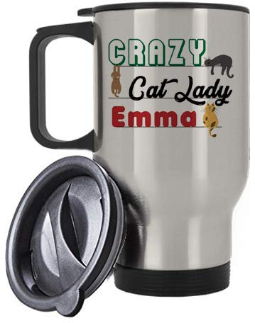Personalised Crazy Cat Lady Themed 14 oz Travel Mug (14 oz Silver Travel Mug)