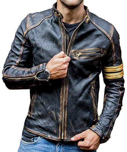 Mens Real Leather Biker Cafe Racer Vintage Motorcycle Distressed Black Genuine Leather Jacket (L)