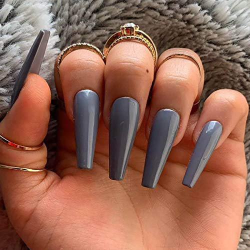 Brishow Lot de 100 faux ongles longs en forme de cercueil À coller sur les ongles par pression En acrylique brillant Pour femmes et filles Gris