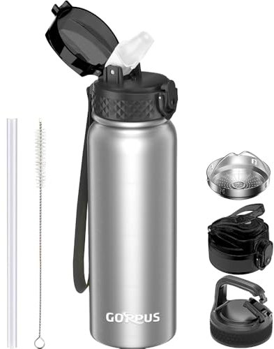 GOPPUS 600ml/20oz Edelstahl Wasserflasche mit Strohhalm Trinkflasche Sport Thermosflasche Auslaufsicher Flasche Water Bottle with Straw Thermoflasche Geeignet BPA-frei Trinkflasche