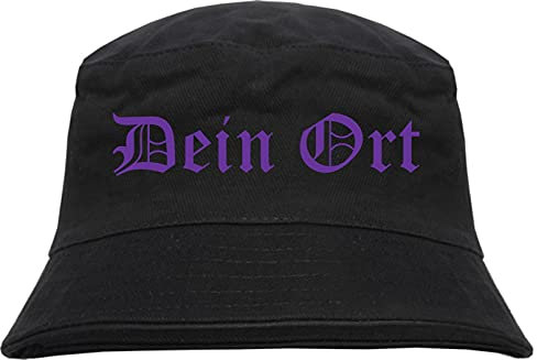 Individueller Anglerhut - altdeutsch - schwarz - Bucket Hat - Fischerhut mit Wunschtext Bedruckt Druckfarbe: Lila XL