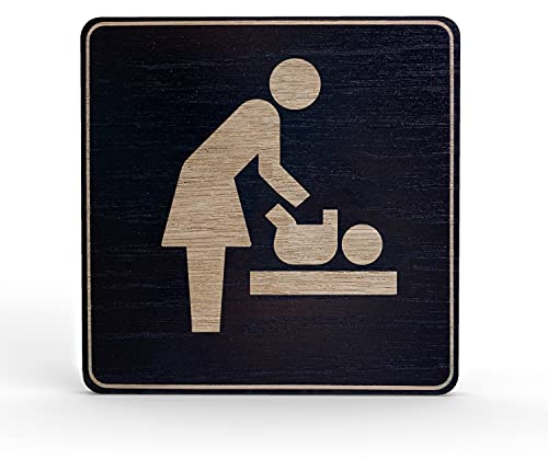 Holz-Türschild Piktogramm Wickelraum - Hinweisschild aus Eichenfurnier - eckig 10x10 cm, schwarz - Für Ihre Tür & Wand - Inkl. Klebepad - Betriebsausstattung24®