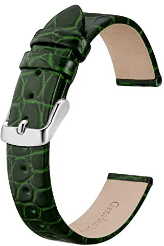 BISONSTRAP Leather Watch Straps, Soft Replacement Bands with Polished Buckle,18mm, Dark Green with Silver Buckle