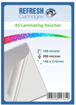 Refresh Cartridges Glossy Laminating Pouches A5 200 Micron Pack of 100 Sheets