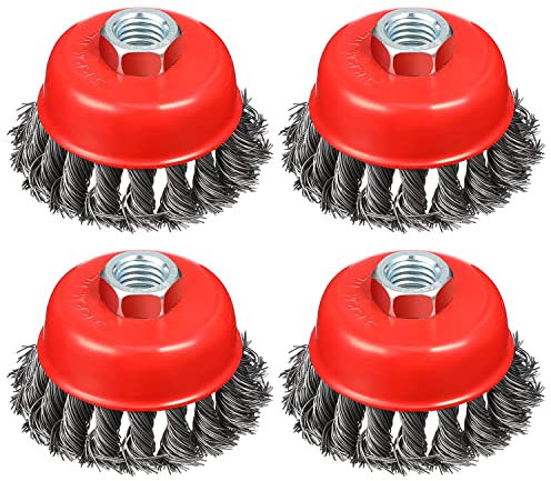SHITIME Cepillo de copa de rueda de alambre de 4 pulgadas, rueda de alambre trenzado grueso para amoladora angular, eje roscado de 5/8 pulgadas a 11, cepillo de alambre de acero al carbono de 0.04