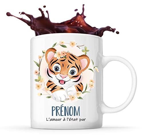 Planetee Tasse prénom personnalisable mignon avec tigre| Mug Cadeau de naissance personnalisé garçon ou fille pour anniversaire