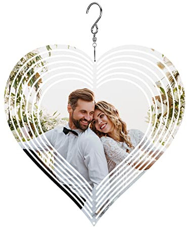 JSDDE Personalisiert Windspiel mit Fotogravur 3D Herz Weihnachtsbaum Windspiele für draußen Windmühle mit Aufhängung Fensterdeko Garten Indoor Outdoor Balkon Feiertage Dekoration (Herz)