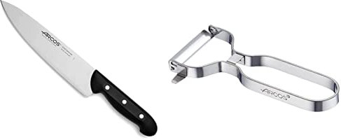 Arcos Maitre, Cuchillo Cocinero, Acero Inoxidable Nitrum 215 mm, Mango Polipropileno Negro & Gadgets Profesionales, Pelador de Frutas Pelador de Verdura, Acero Inoxidable Cromado, Color Plata, 110 mm