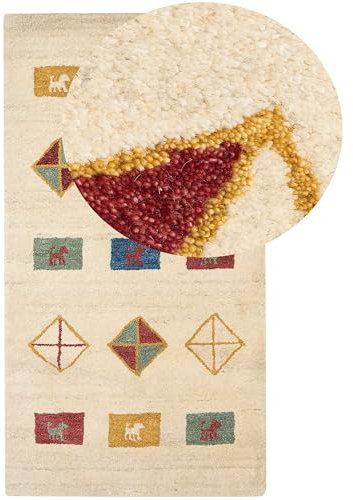 Beliani Gabbeh Teppich beige aus Wolle 80 x 150 cm Hochflor geometrisches Muster weich Misinli
