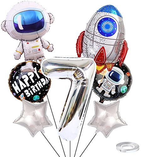 Weenkeey 7. Geburtstag Weltraum Luftballons Riesen Astronaut Rakete Folienballons Silber Zahl 7 Helium Ballon 7. Geburtstag Luftballons Raummann Mylar Balloon für Junge Geburtstag Party