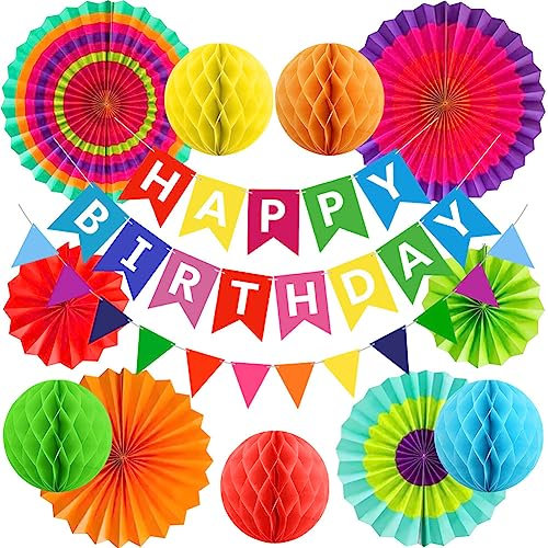 Rainbow Reusable Birthday Decorations Women/Kids Birthday Party Decorations Colorful Banner Bunting Honeycomb Paper Lanterns Paper Fans