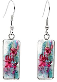 Fucsia Fiore Orecchino Colibrì e fucsia Orecchino Rettangolare Fatto a Mano Gancio Orecchini Vetro Cabochon Gioielli, vetro