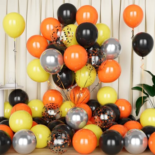 Eitolo Balloons Black Orange Yellow, 50PCS 12 Inch Orange Black Yellow with Metallic Silver Balloons for Kids Boys Construction Theme Birthday Halloween Party Decorations