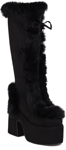 Wavyvigs Pelzige Winter Schneestiefel für Damen mit mittlerer Wade Plateau klobiger Absatz warme Stiefel zum Schnüren und Reißverschluss Schwarz Größenangabe 39
