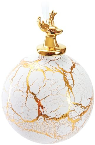 BRUBAKER Premium Weihnachtskugel Hirsch auf Marmor Kugel Weiß Gold - 10 cm Baumkugel aus Glas mit Hirschkopf Figur aus Porzellan - Weihnachtsbaumkugel in Marmor-Optik - Weihnachtsdekoration