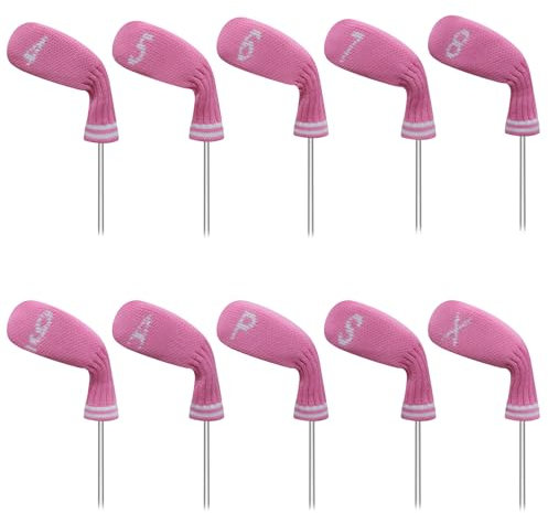 LeFeng 10 Pieces 4-9/A/P/S/X Knitted Golf Iron Head Covers Set Lightweight and Durable Material Multiple Patterns Golf Club Head Covers (Pink)