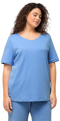 Ulla Popken Damen große Größen Übergrößen Plus Size Shirt, doppellagige Vorderseite, Slim, Rundhals, Halbarm wolkenblau 62+ 810528718-62+