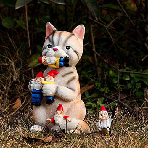 Hemore Katze isst Gnomes Statue, 7 Zoll Harzgarten Gnom Außens