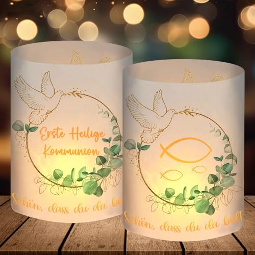 12 Windlicht Tischdeko Kommunion, Erstkommunion Deko Junge Mädchen, Erste Heilige Kommunion Deko Eukalyptus Grün, Erstkommunion Geschenke Gastgeschenke, Kommunionsgeschenke, für Teelichter oder Kerzen