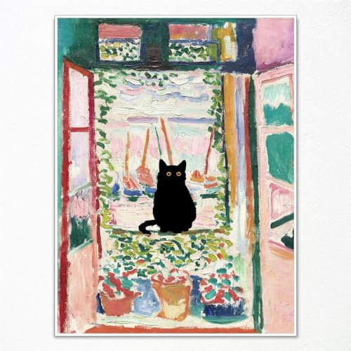 GAINOW Henri Matisse Ölgemälde auf Leinwand Wandkunst Matisse Berühmtes Offenes schwarze Katze Poster, lustige Katze Blumendruck ästhetische für Schlafzimmer, Badezimmer 40x60cm ungerahmt