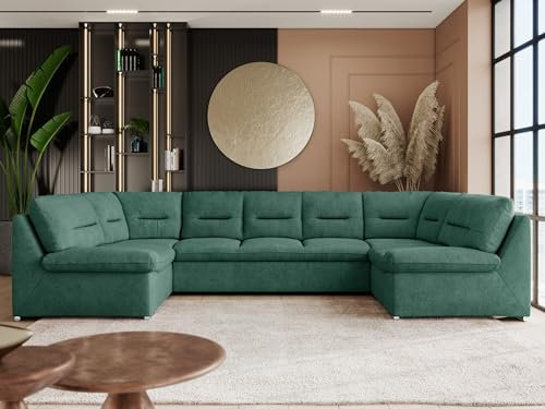 MKS MEBLE Sofa XXL U-Form Grün, Wohnlandschaft U Form mit Schlaffunktion, Sofa mit Schlaffunktion, Schlafsofa mit Topper, Wohnzimmer Couch mit schlaffunktion - Comodo U - Grün Stukture