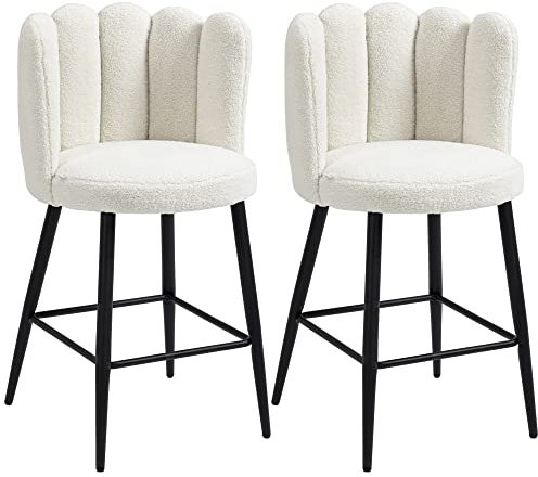 HOMCOM Bar Stools Set of 2, Faux Cashmere Upholstered Breakfast Bar Chairs, Modern Kitchen Stools with Backs, Footrest and Steel Base, Cream