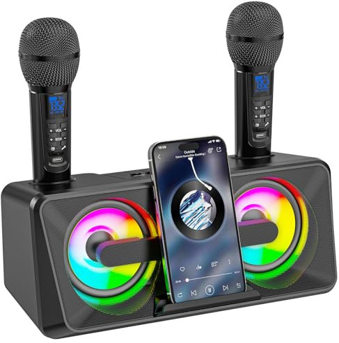 Karaoke Machine for Adults and Kids with 2 UHF Wireless Microphones,Portable Bluetooth Singing Speakers PA System with disco lights Phone Holder for Home Party, Picnic,Outdoor/Birthday Gifts