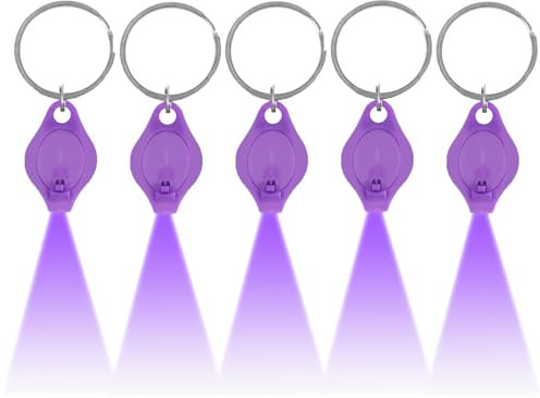 MODOAO Mini linterna LED UV, paquete de 5 llaveros de luz UV de 395 nm, linterna de llavero de luz negra, linterna portátil ultra brillante, para orina de PET, pasaporte, tarjeta de identificación,