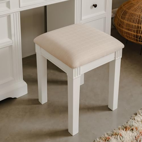 Statement Furniture Gainsborough Upholstered Dressing Table Stool, White, Wooden, Carved Detail, W40cm D40cm H50cm, Fully Assembled