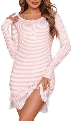Uniexcosm Chemise De Nuit Femme À Rayures Coton Manches Longues Robe De Nuit Femme Col Rond avec Boutons avec Bordure en Dentelle Rose L