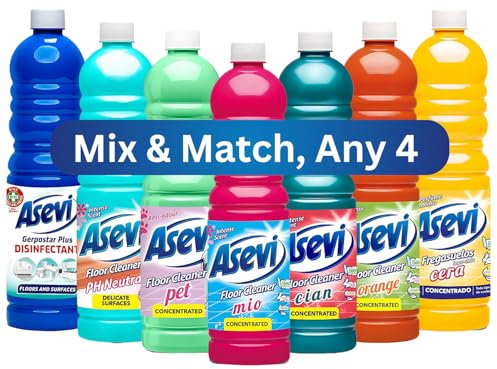 Asevi Concentrated Floor Cleaner Liquid Bundle Mix & Match Any (4 x 1L) | Spanish Cleaning Products | Hard, Laminate Disinfectant Floor and Surface Cleaner | Orange, Pet, Mio, Cian, Cera & pH Neutral